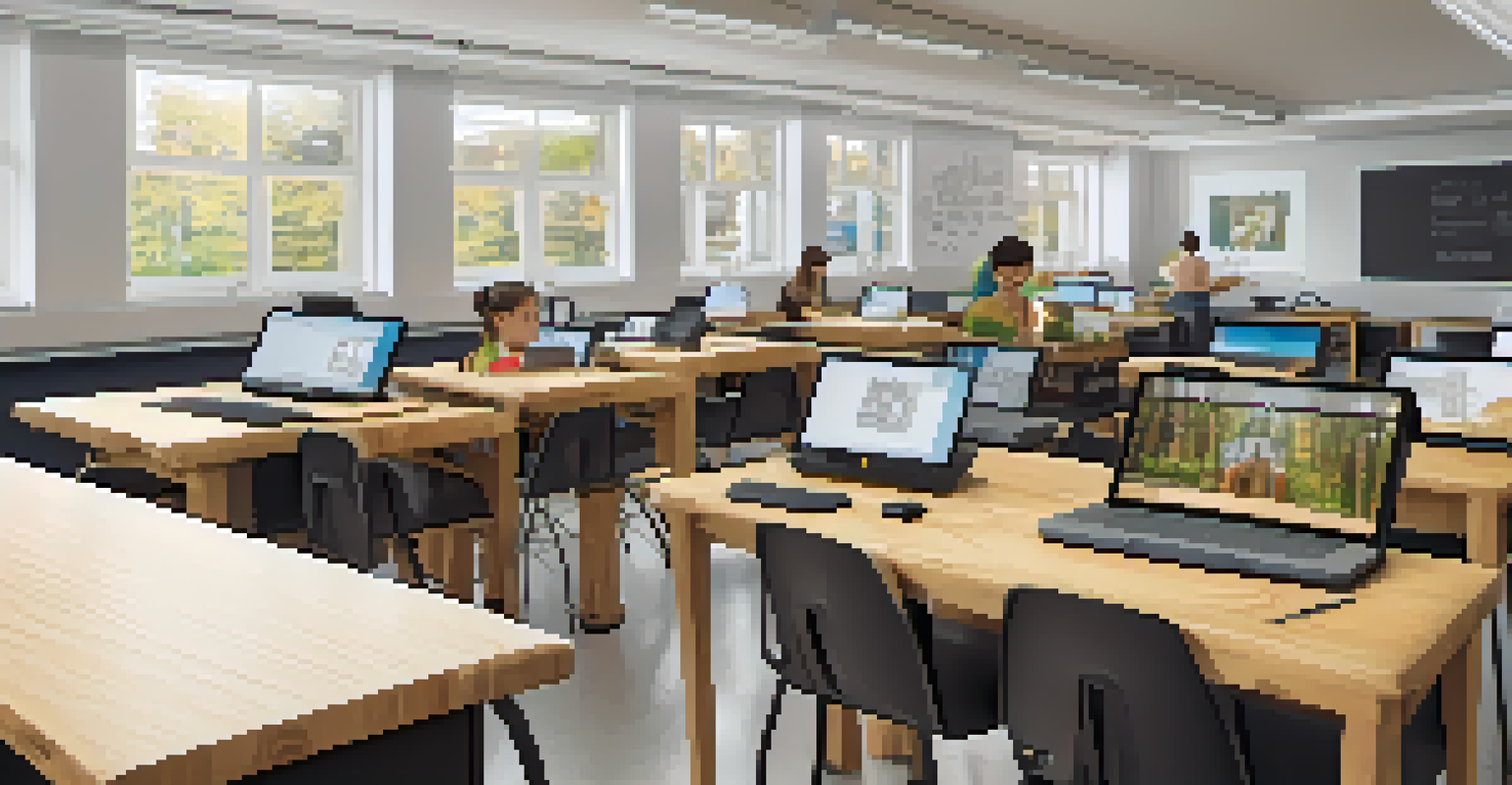 Students in a bright classroom using CAD software to design carvings, with sketches and materials on their desks, highlighting technology in art education.
