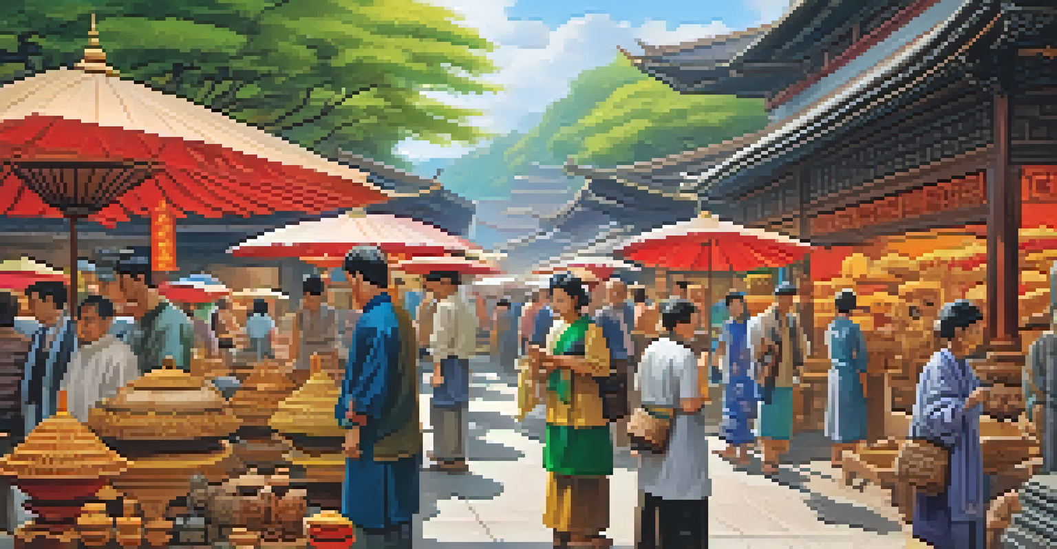 A lively marketplace with traditional Asian carvings displayed on colorful textiles and people admiring the artwork under market umbrellas.
