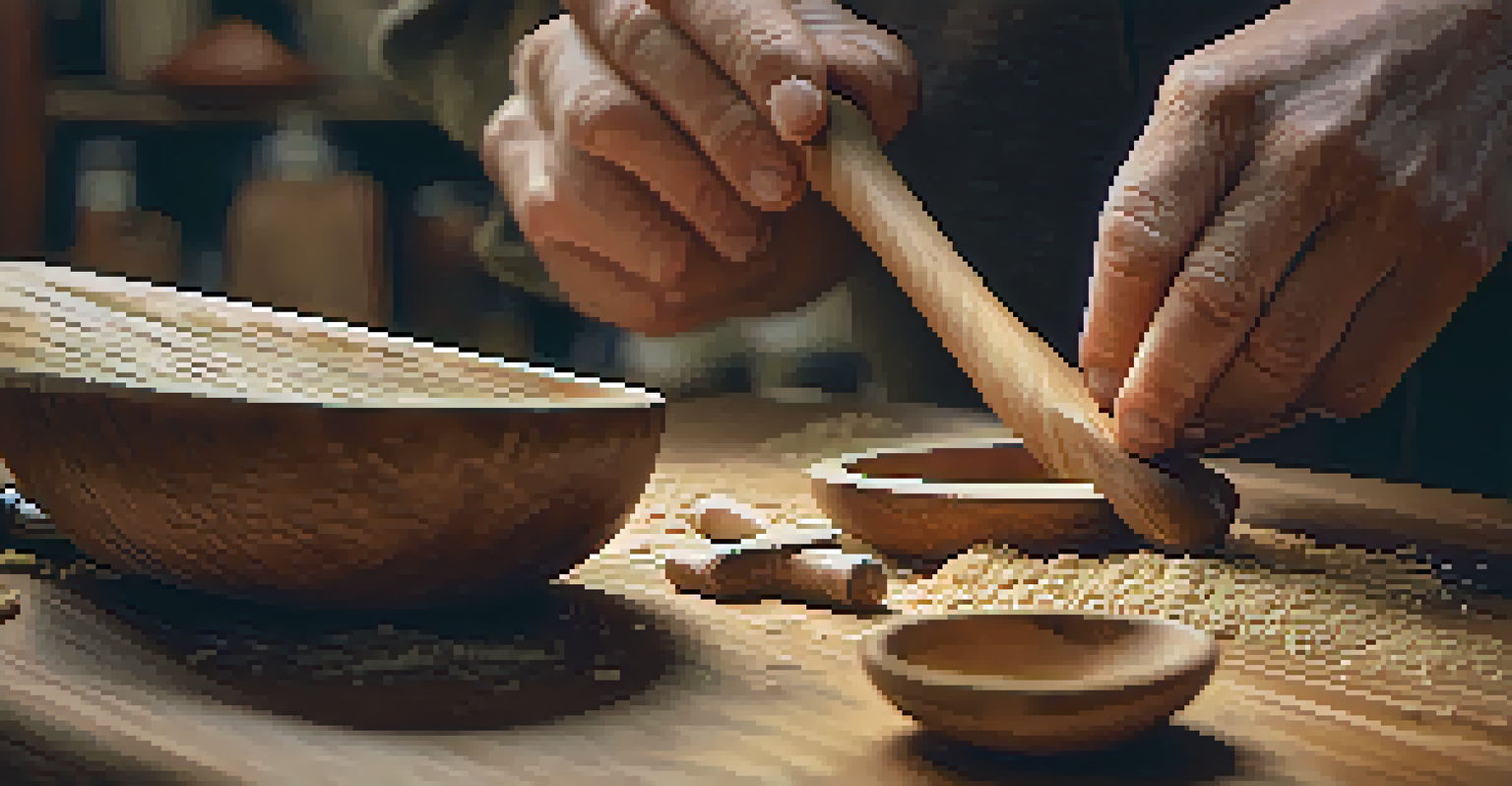 Close-up of hands carving a wooden spoon in a cozy workshop, showcasing the wood grain and carving tools.