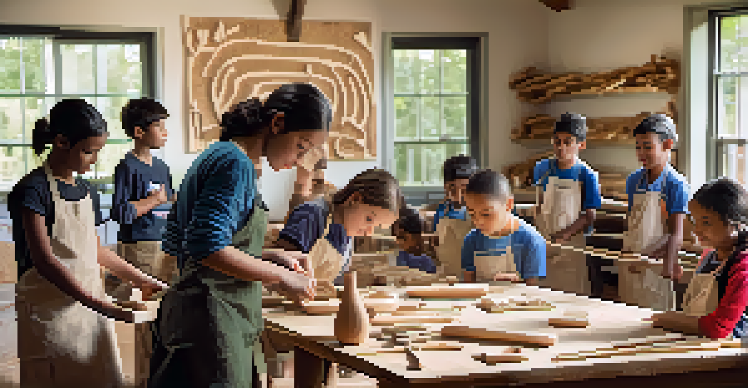 Young artisans participating in a sustainable carving workshop, learning techniques under the guidance of an instructor in a bright community center.