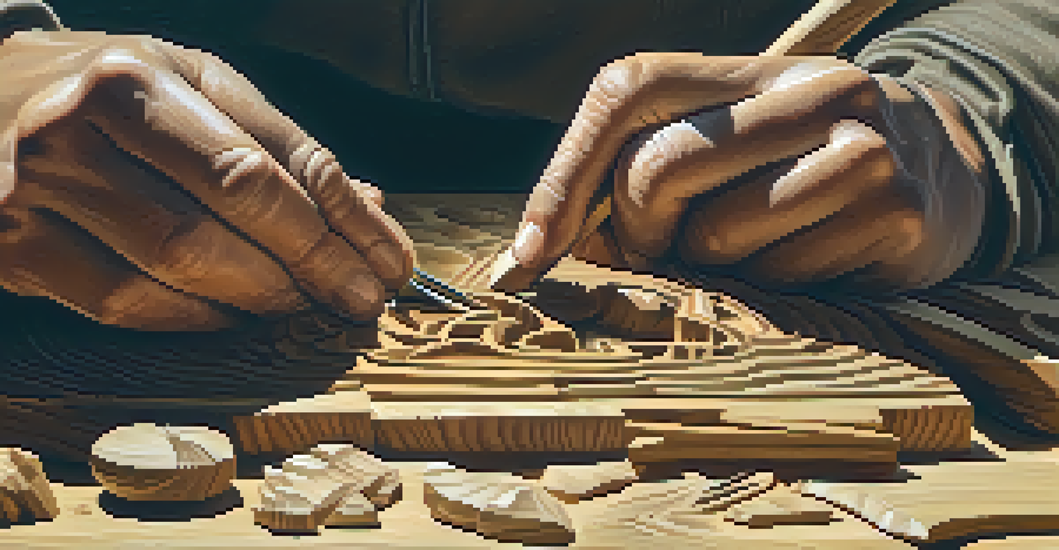 An artist intently carving a wooden sculpture, showcasing the textures of the wood and the intricate details of the carving tools in warm lighting.