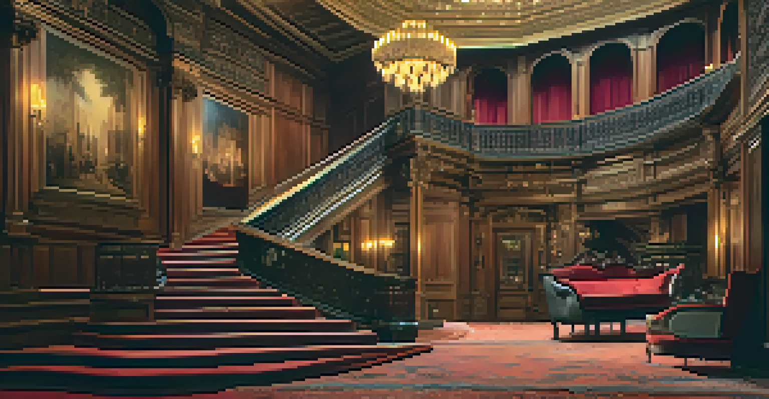 Grand wooden staircase draped in velvet fabric, illuminated by soft diffused lighting, showcasing luxurious textures.