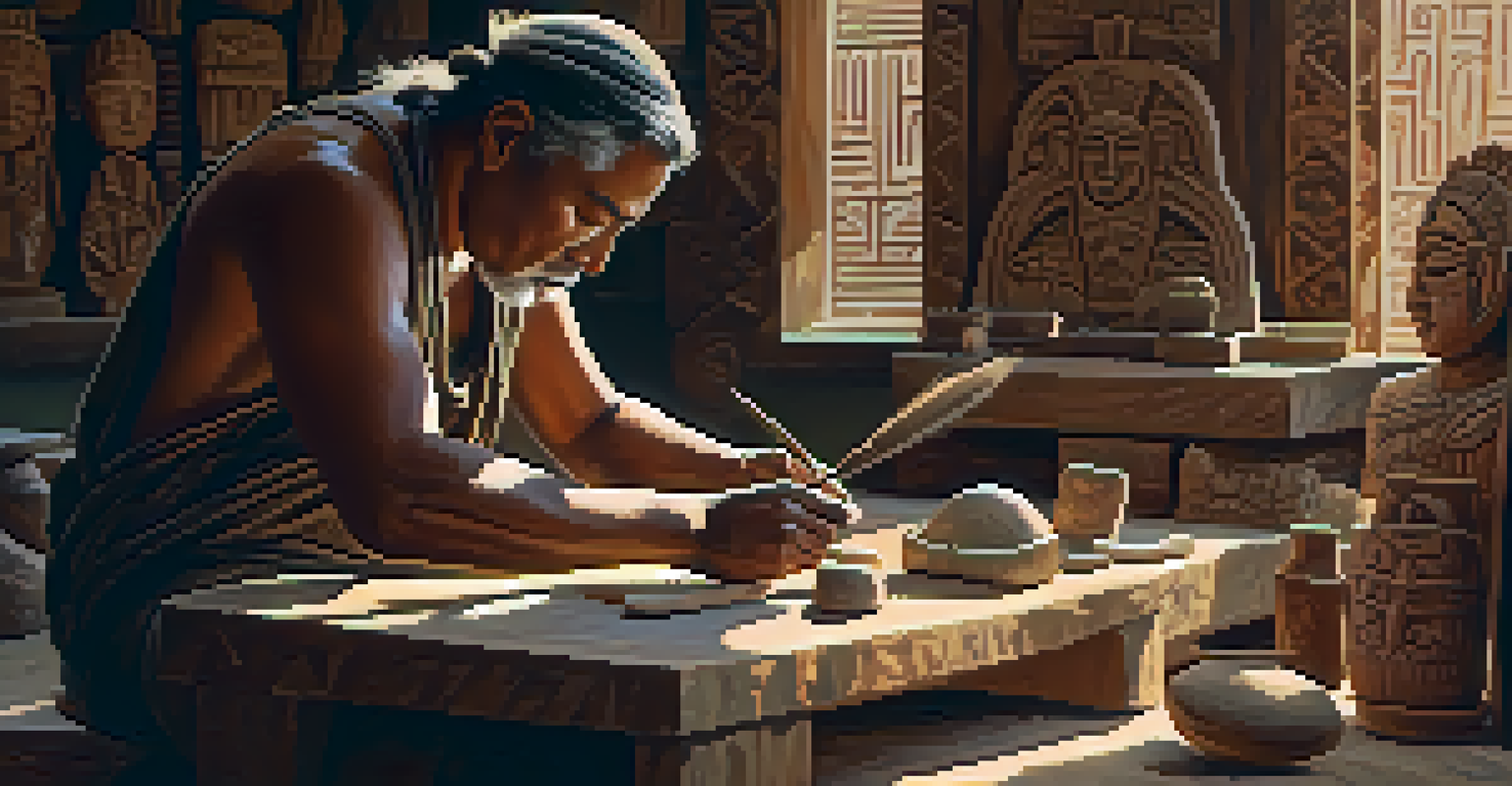 An artisan carving a stone tribal mask in a sunlit workshop, surrounded by tools and other carvings.