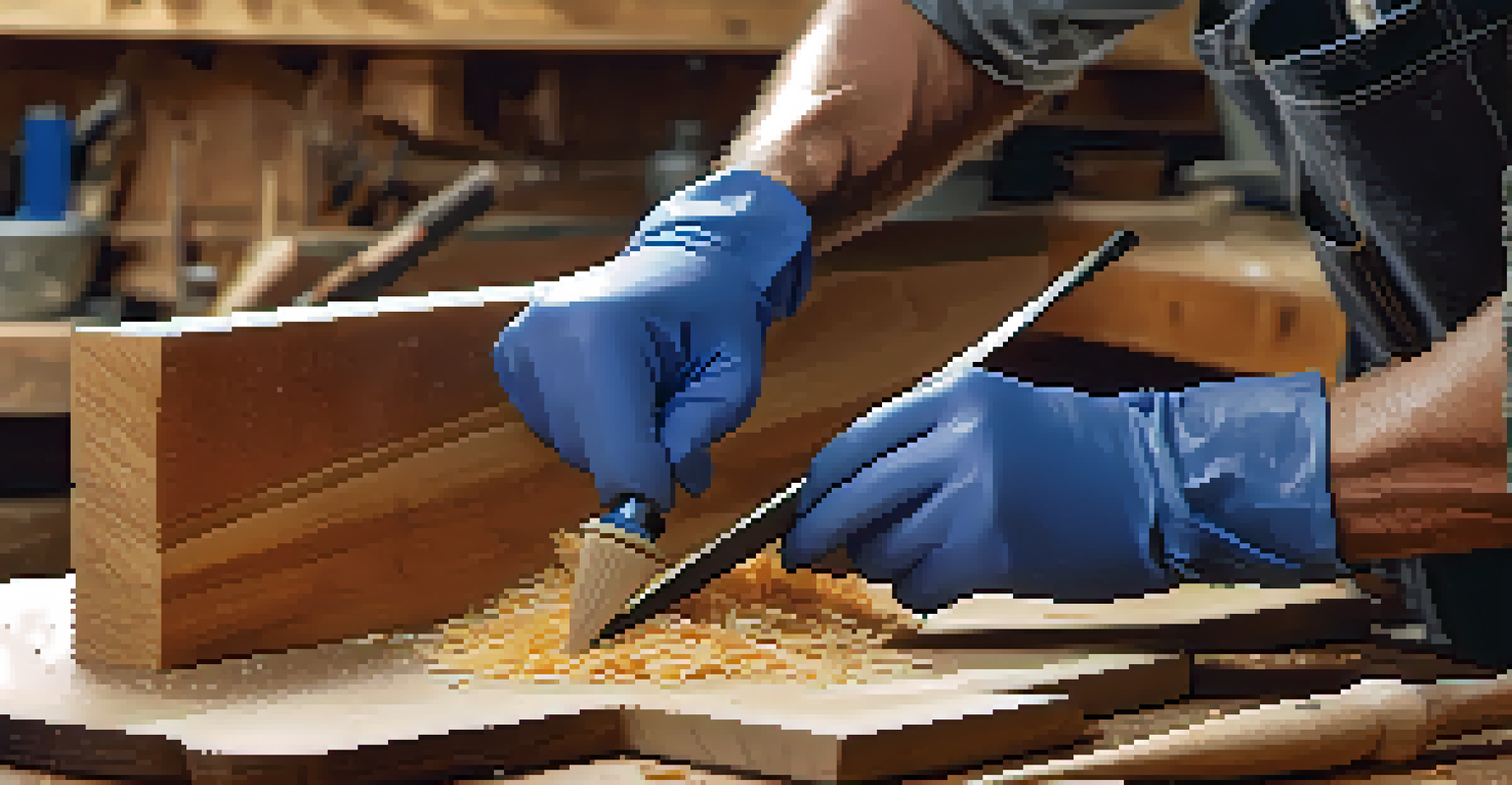 A craftsman carving wood while wearing safety glasses and gloves, with tools and wood shavings around.
