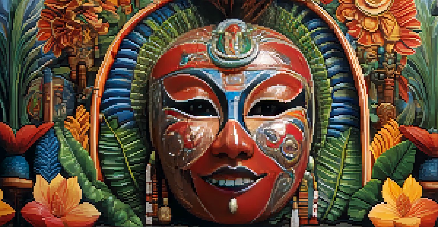 A colorful ceremonial mask with intricate carvings, displayed in nature, symbolizing ancestral spirits.