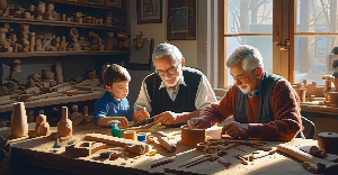 A grandfather teaches his grandchildren carving in a warmly lit workshop, with colorful tools and wooden shavings around them.