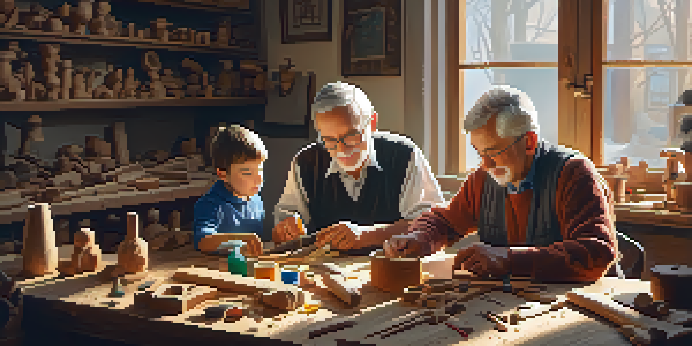 A grandfather teaches his grandchildren carving in a warmly lit workshop, with colorful tools and wooden shavings around them.