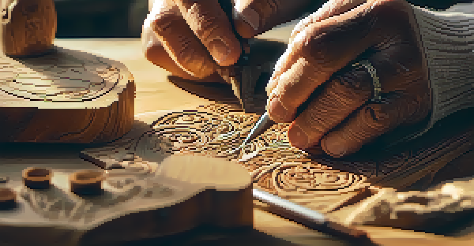 An artisan's hands carving wood with tools, illuminated by sunlight, showcasing the craftsmanship involved in wood carving.