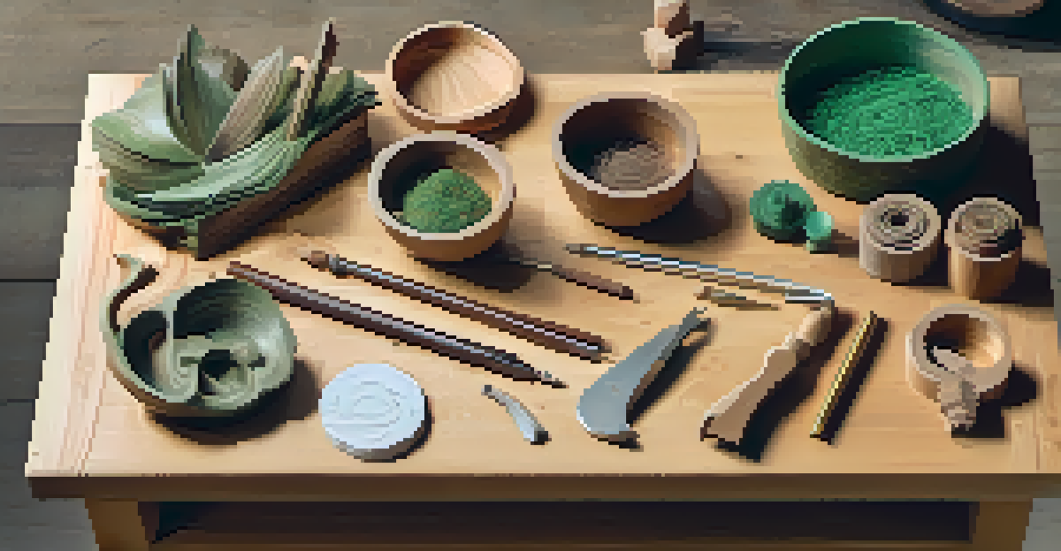 An overhead view of a workbench with carving tools and a partially finished wooden sculpture surrounded by wood shavings.
