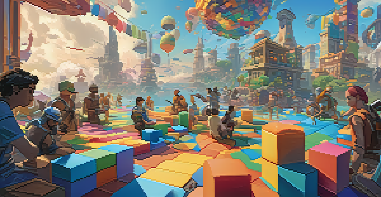 A diverse group of players working together in a colorful digital world, creating structures with blocks and tools.