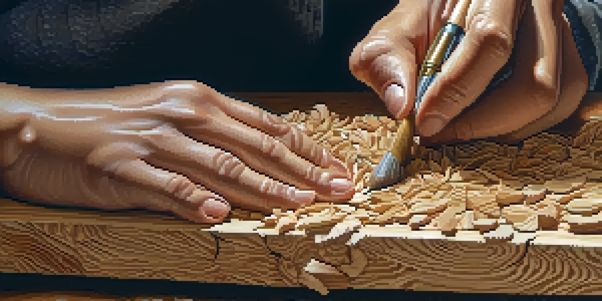 A close-up of an artist's hands carving wood, with wood shavings around and soft lighting highlighting the textures.