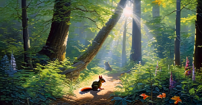 A vibrant forest filled with diverse plants and animals, sunlight filtering through the trees.