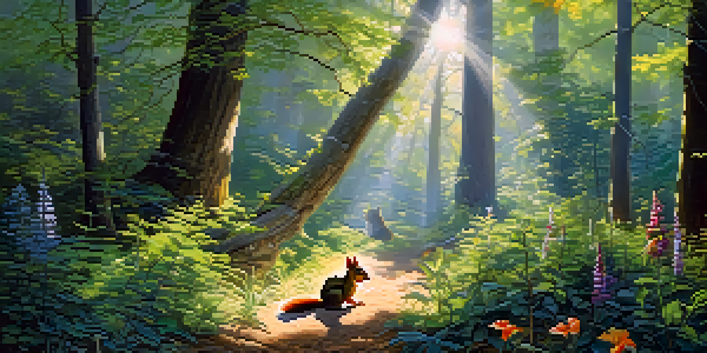 A vibrant forest filled with diverse plants and animals, sunlight filtering through the trees.