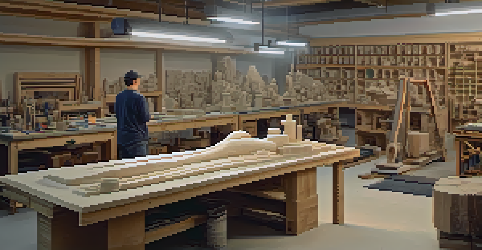 An artist using a CNC machine to carve a stone sculpture in a well-lit studio.