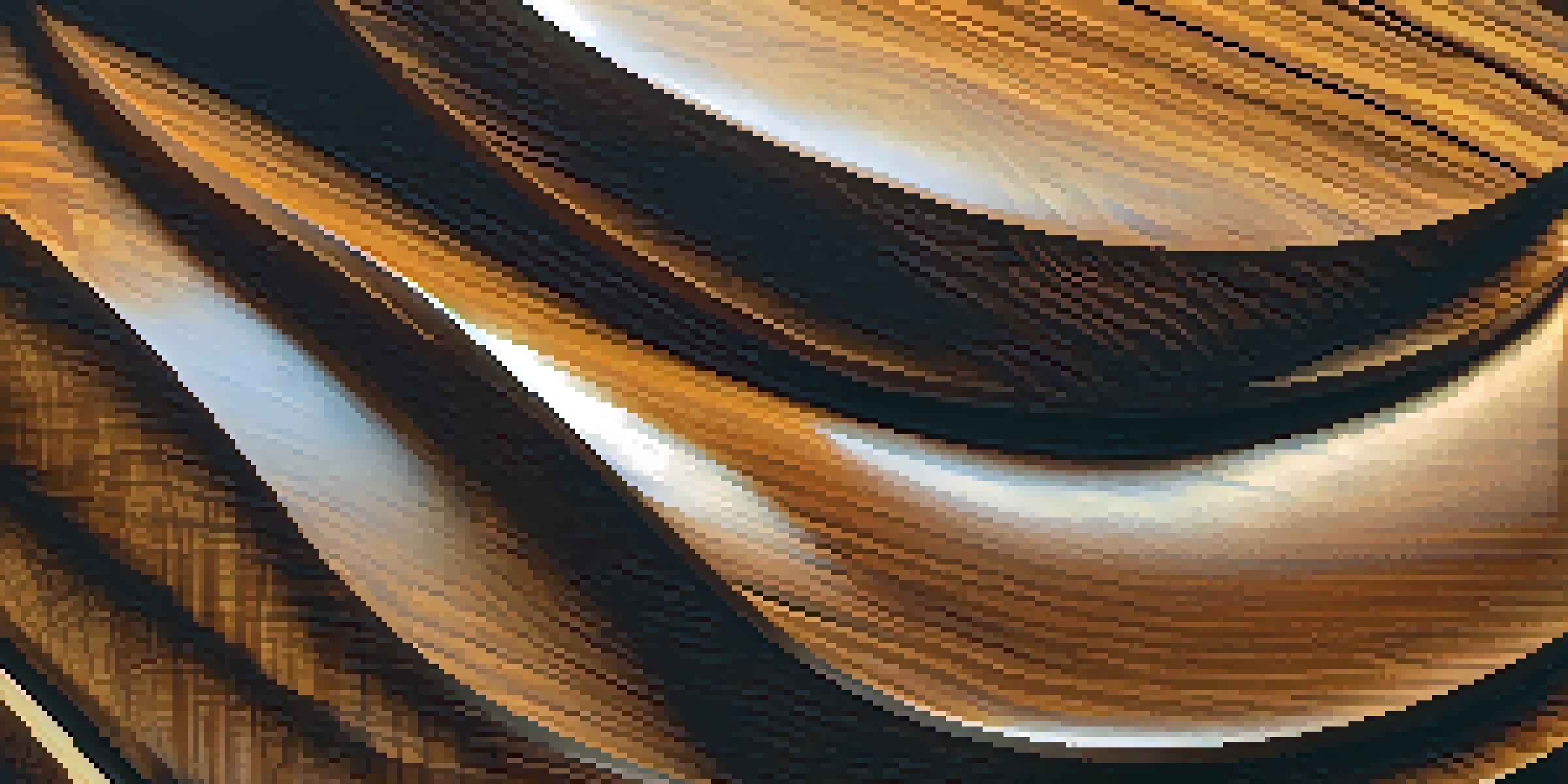 A detailed view of a polished wood sculpture with natural grain patterns, illuminated by warm light against a dark background.