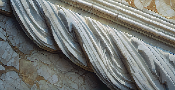 A detailed close-up of a stone carving displaying various textures, with light and shadows enhancing its features.