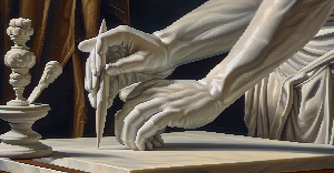 A close-up view of a sculptor's hand carving a marble statue, with tools and textures visible.