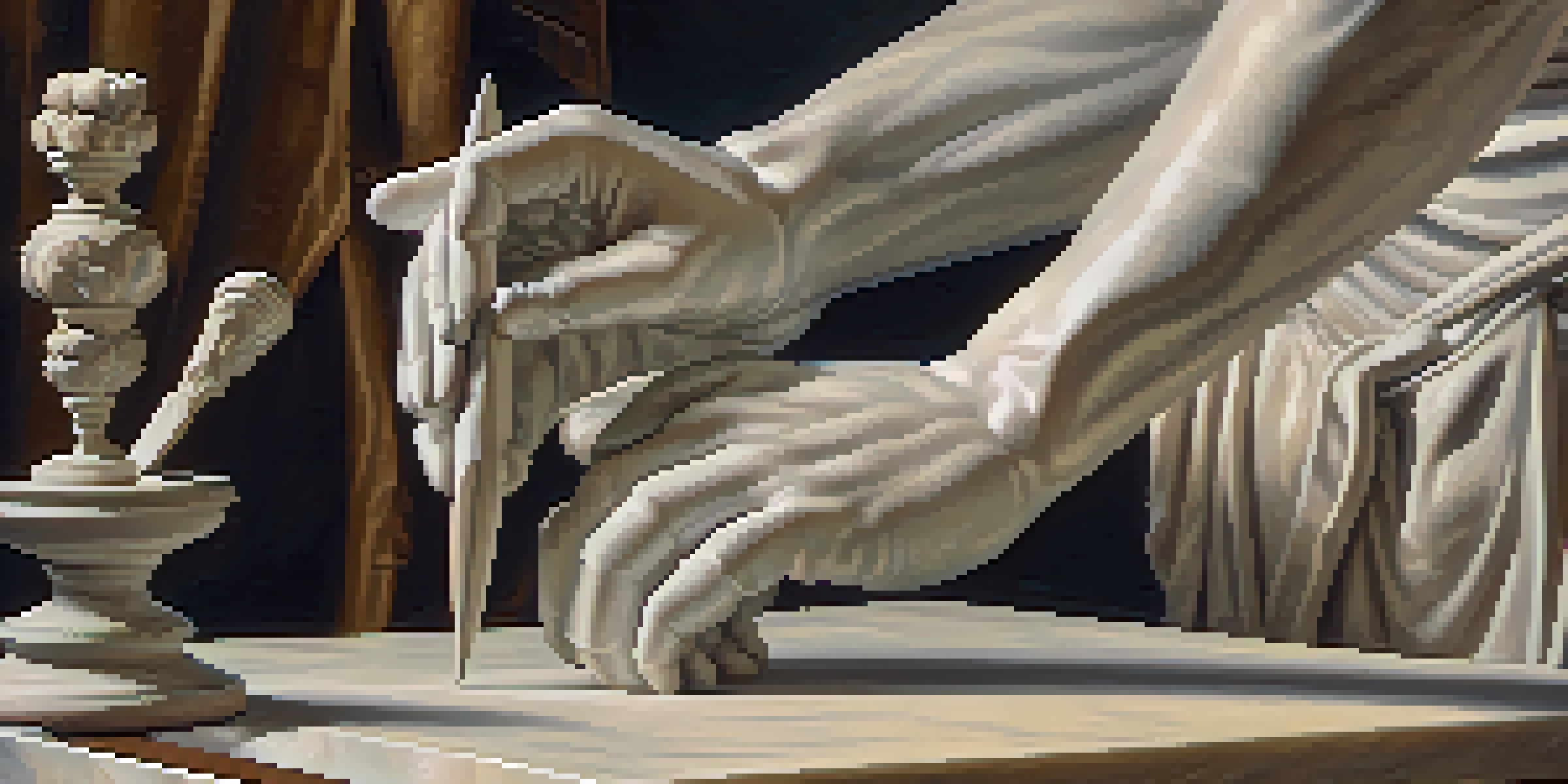 A close-up view of a sculptor's hand carving a marble statue, with tools and textures visible.