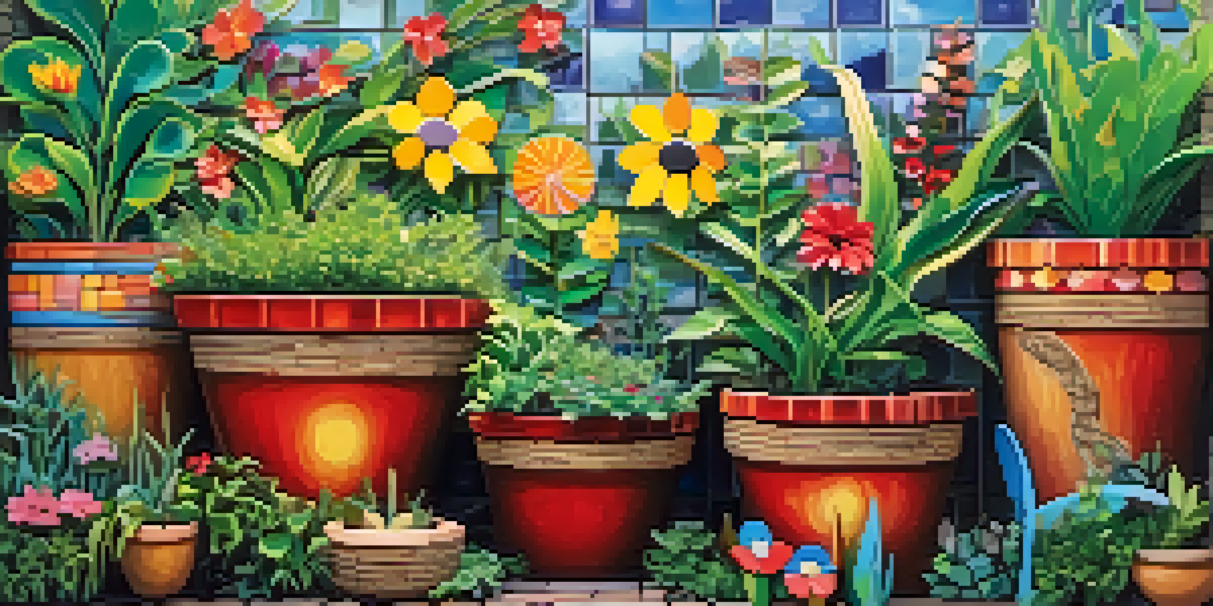 A colorful garden filled with unique planters made from recycled plastic bottles, showcasing blooming plants and flowers under bright sunlight.