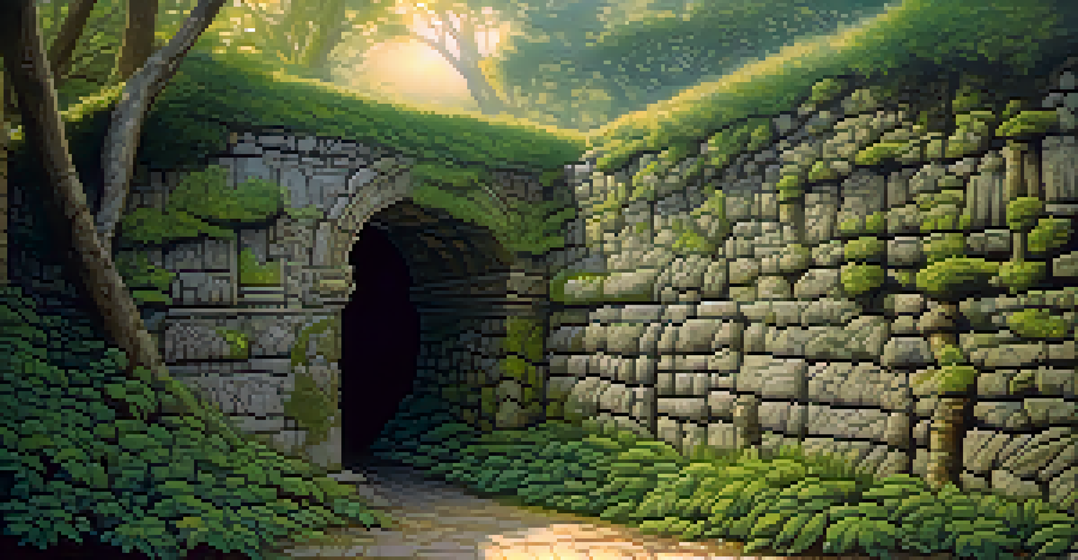 An ancient stone wall with carvings and overgrown vines, illuminated by soft diffused light from above.