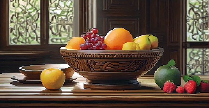 A carved wooden bowl filled with fruits on a rustic dining table, illuminated softly.