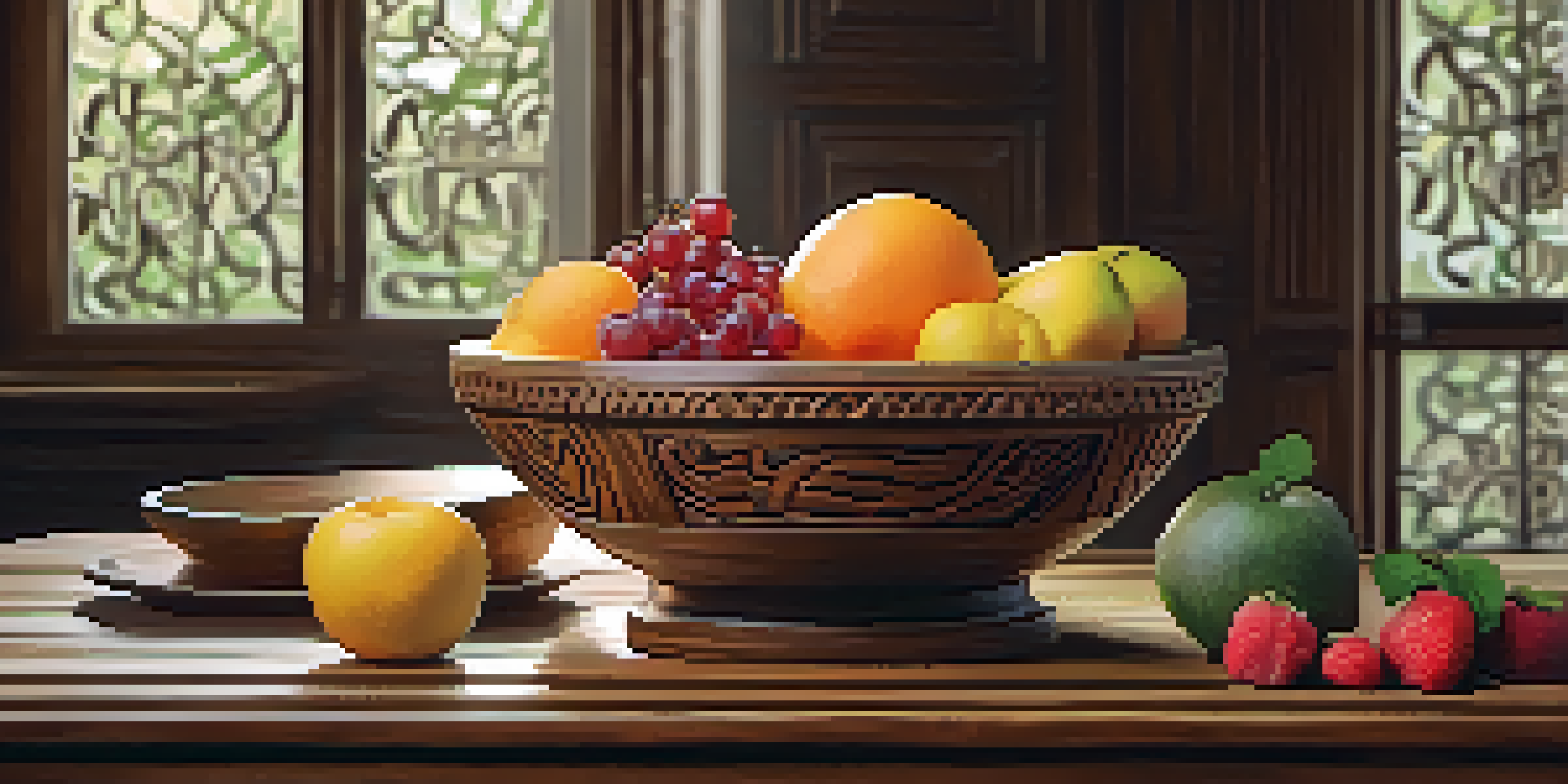 A carved wooden bowl filled with fruits on a rustic dining table, illuminated softly.