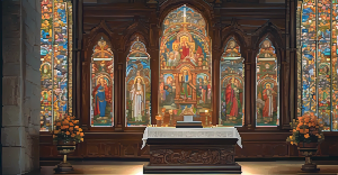 A wooden altar with detailed religious carvings of angels and flowers, illuminated by warm light from stained glass windows.
