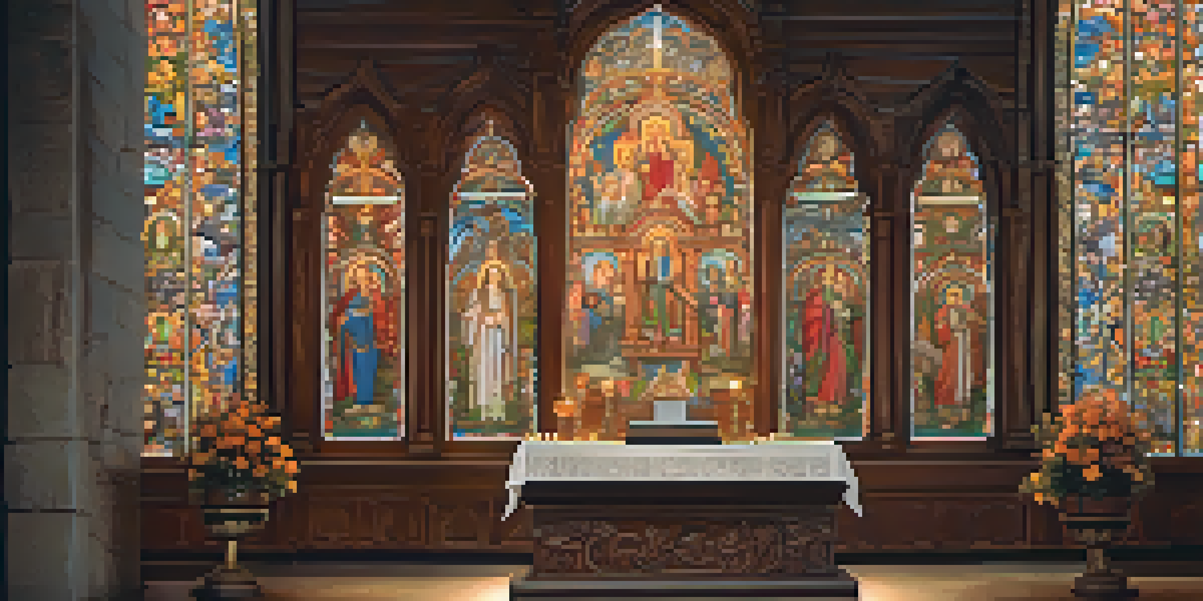A wooden altar with detailed religious carvings of angels and flowers, illuminated by warm light from stained glass windows.