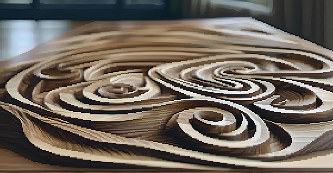 A detailed view of a wooden sculpture on a rustic table, emphasizing the wood's grain patterns and texture.