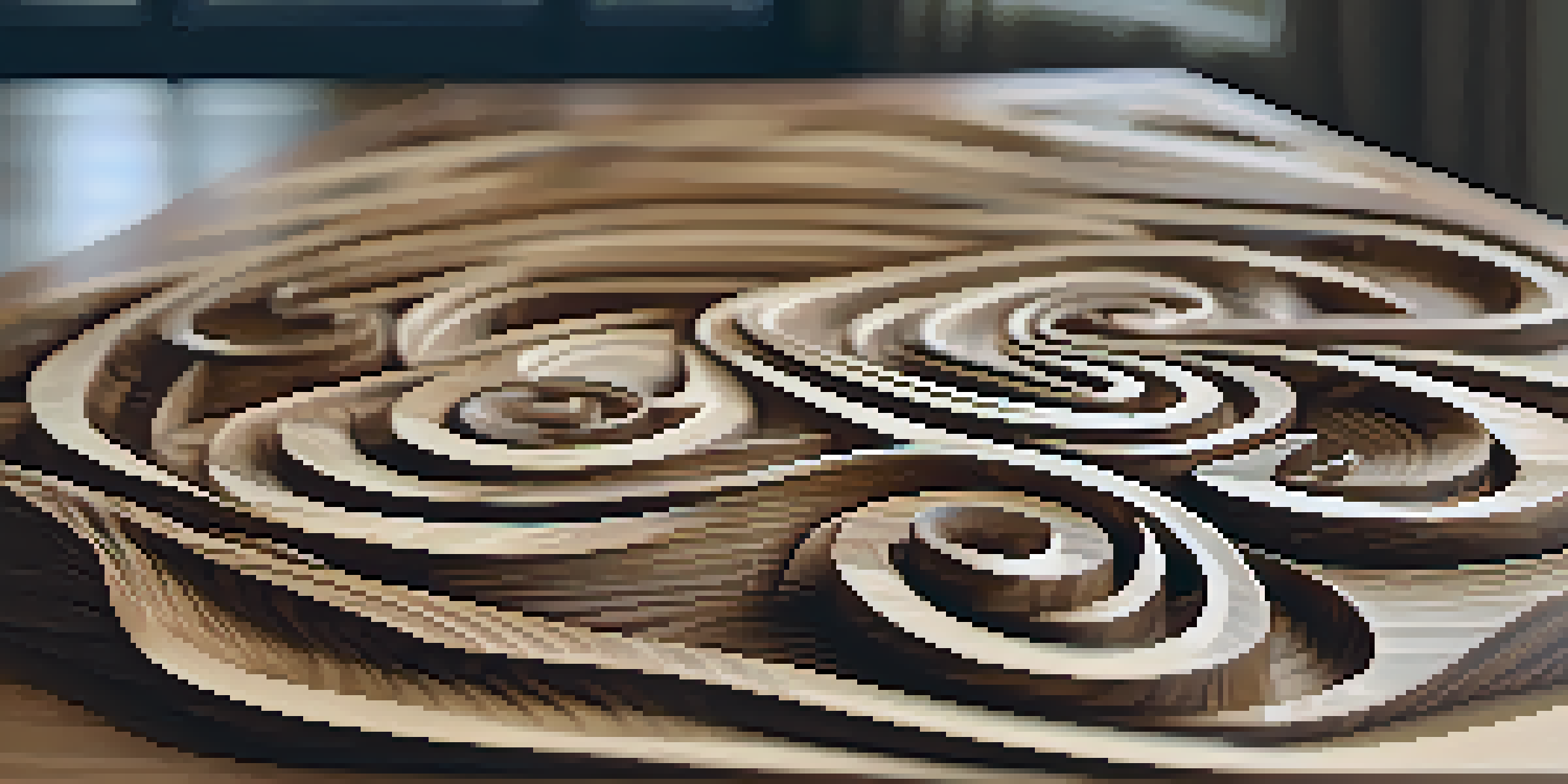 A detailed view of a wooden sculpture on a rustic table, emphasizing the wood's grain patterns and texture.