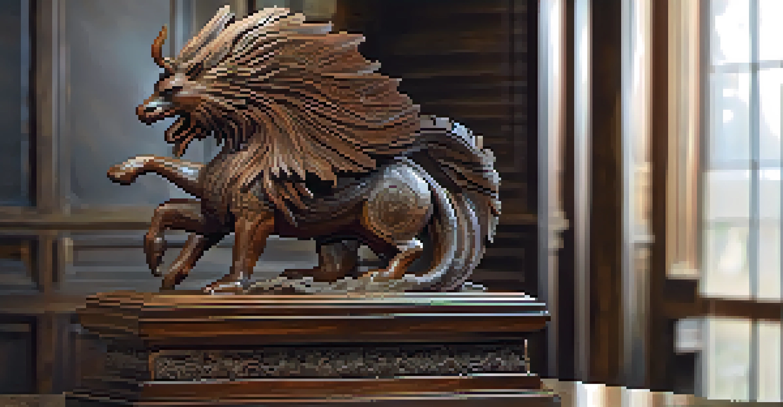 A detailed wooden sculpture of a mythical creature on a pedestal, illuminated by a spotlight.