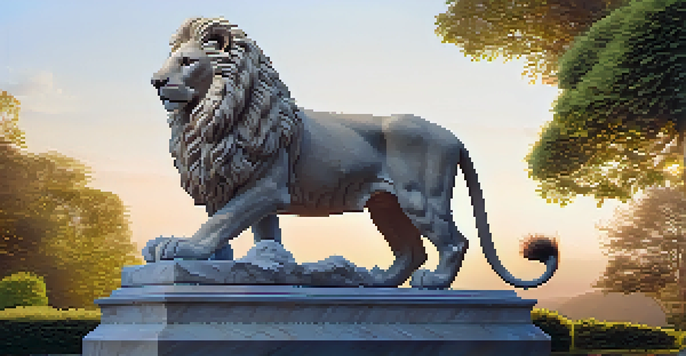 A detailed marble lion sculpture on a pedestal surrounded by a lush garden at sunset.