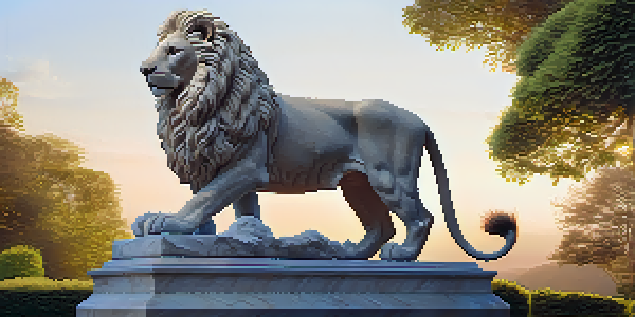A detailed marble lion sculpture on a pedestal surrounded by a lush garden at sunset.