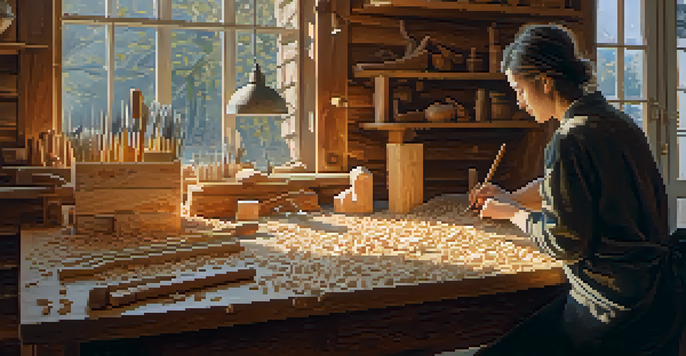 A cozy workshop with a wooden table filled with carving tools and wood blocks, warm light streaming through the window, and a carver diligently working on a sculpture.