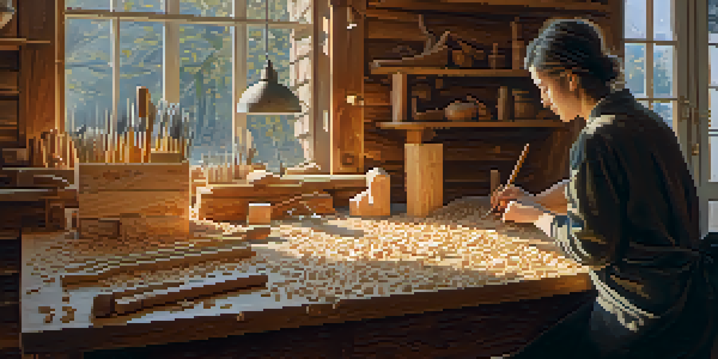 A cozy workshop with a wooden table filled with carving tools and wood blocks, warm light streaming through the window, and a carver diligently working on a sculpture.