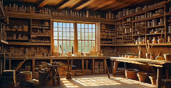 A bright workshop with a wooden workbench covered in chip carving tools. Sunlight illuminates the space.