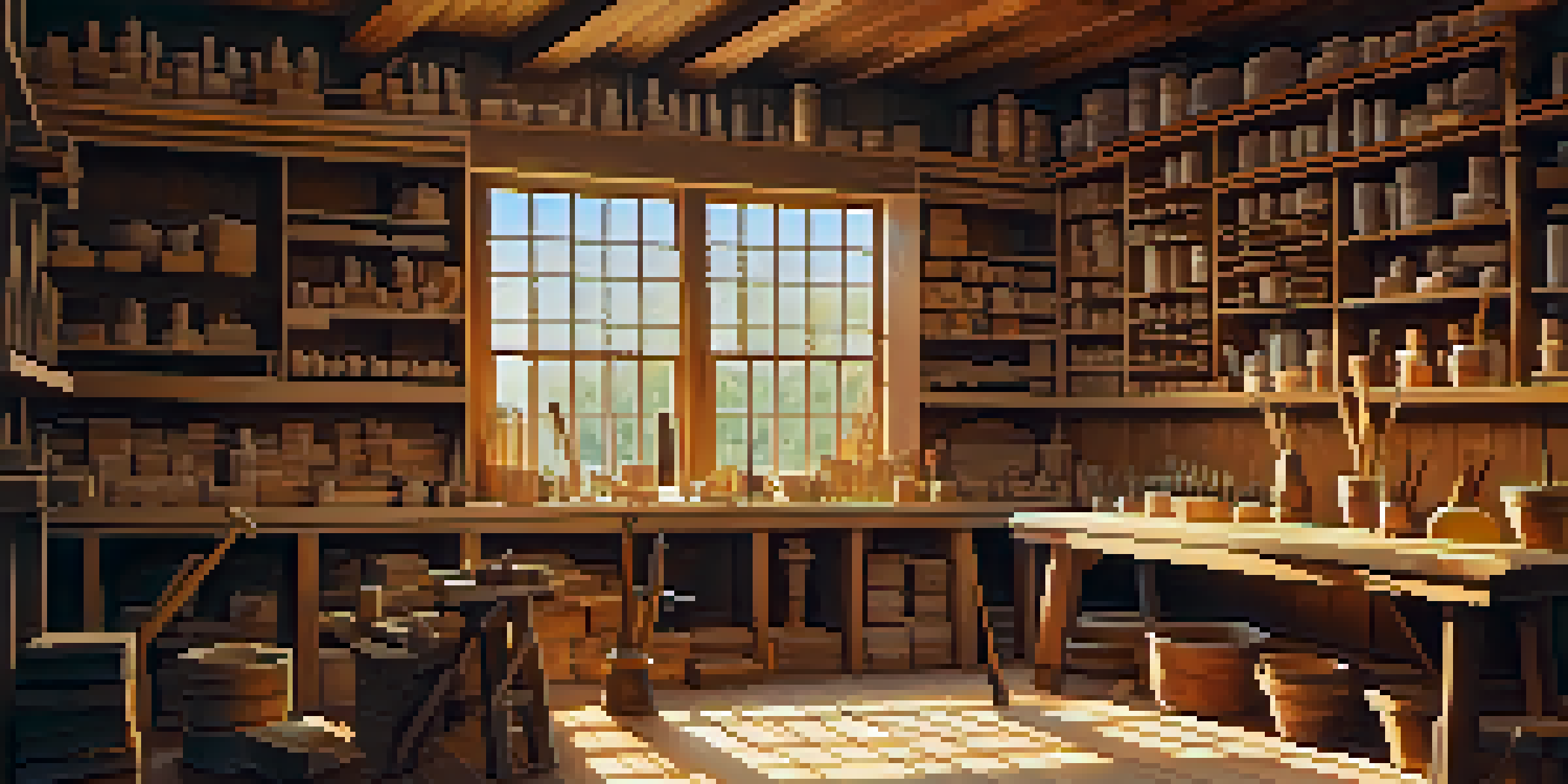 A bright workshop with a wooden workbench covered in chip carving tools. Sunlight illuminates the space.