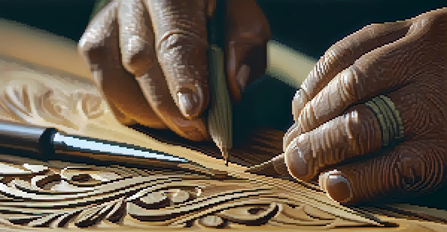 Close-up of a craftsman's hands carving intricate designs into wood, highlighting the tools and textures.