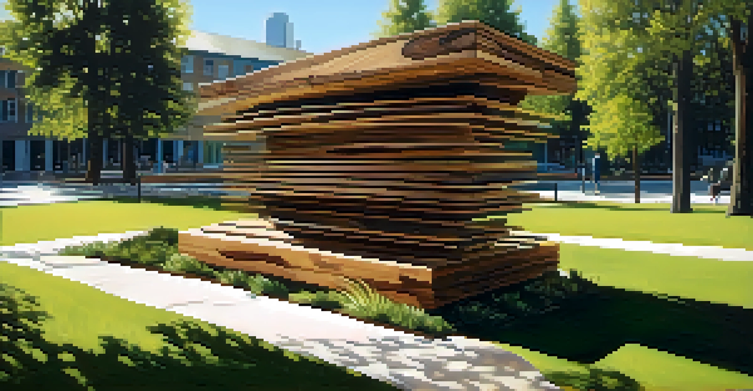An outdoor installation art piece made from reclaimed wood and recycled metals, surrounded by greenery and flowing water in a public park under warm sunlight.