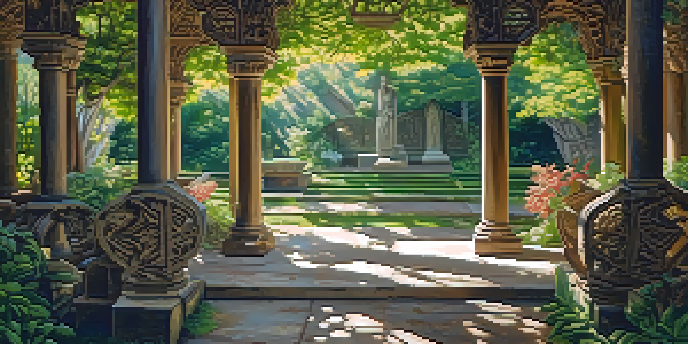 A peaceful garden with beautifully carved wooden elements, illuminated by sunlight filtering through the leaves.