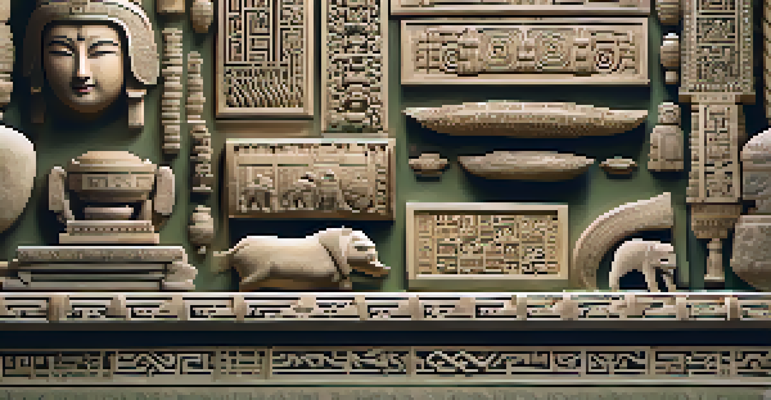A close-up of ancient stone and jade carvings, showcasing intricate details and textures with a softly lit background of historical artifacts.