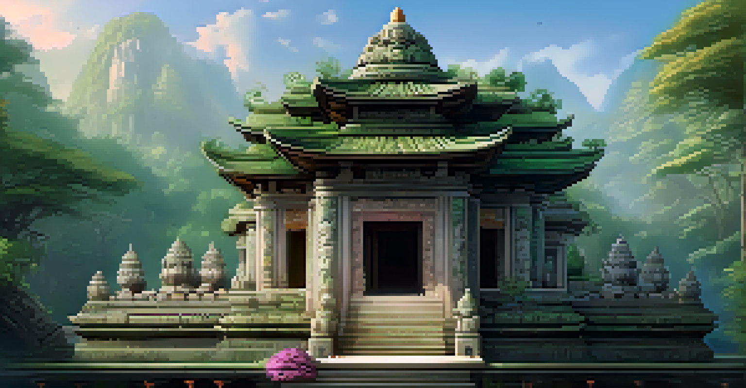 A stone temple with intricate carvings of lotus flowers and mythical creatures, surrounded by greenery and illuminated by soft sunlight.