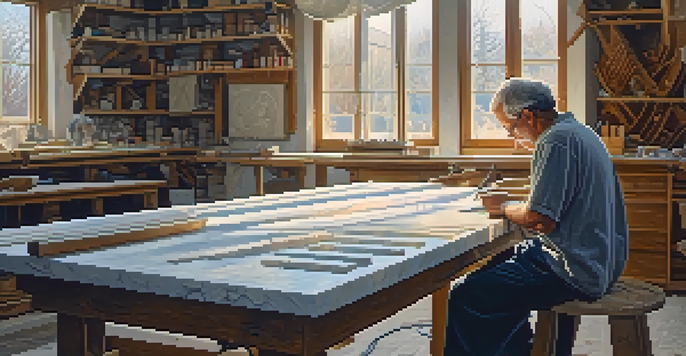An artist carving a modern religious symbol from marble in a workshop, surrounded by tools and illuminated by natural light.