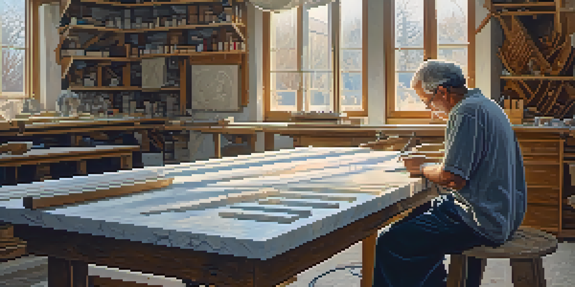 An artist carving a modern religious symbol from marble in a workshop, surrounded by tools and illuminated by natural light.