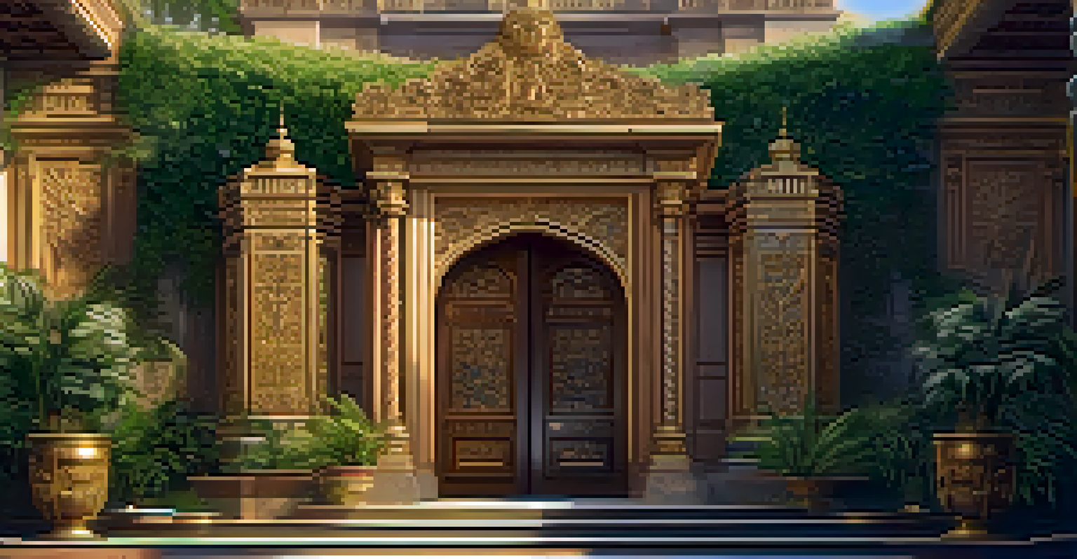 A film set depicting a grand palace entrance with intricately carved wooden doors, highlighted by soft golden lighting.