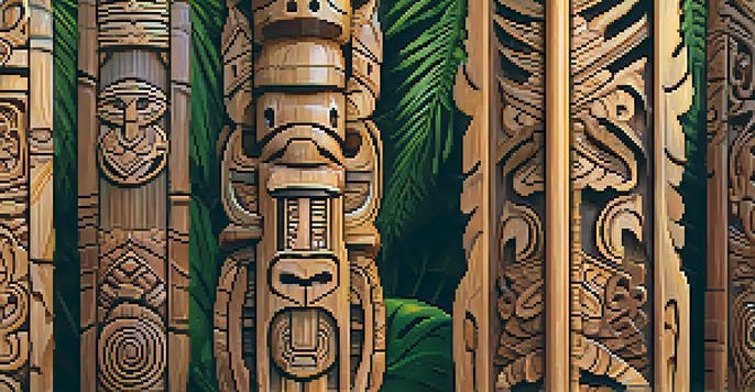A detailed close-up of a Polynesian wooden totem with intricate carvings and symbols, surrounded by vibrant tropical plants and filtered sunlight.