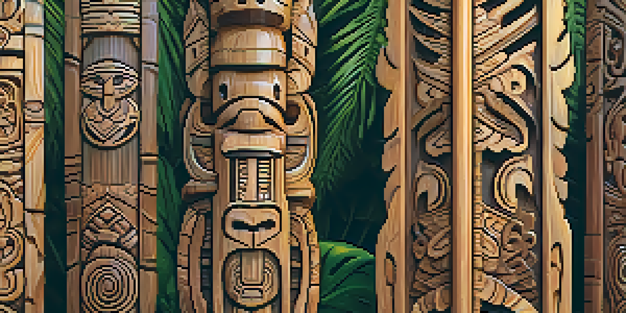 A detailed close-up of a Polynesian wooden totem with intricate carvings and symbols, surrounded by vibrant tropical plants and filtered sunlight.