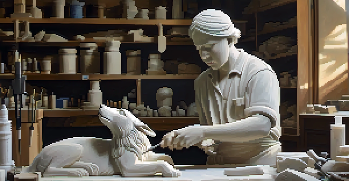 A sculptor in a workshop carving an animal figure from marble, surrounded by sculpting tools and natural light.