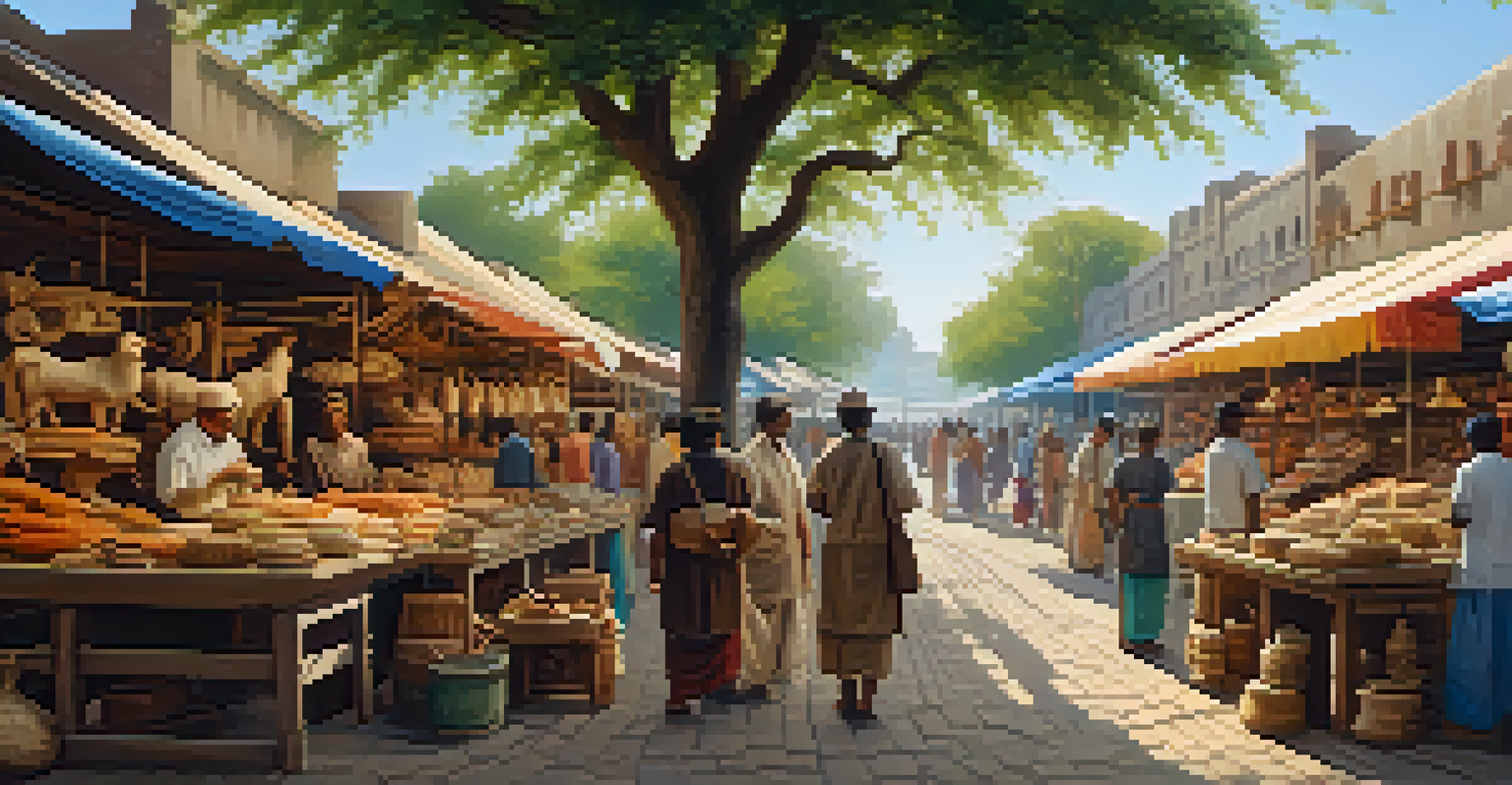 Artisans in a marketplace displaying various ivory carvings, surrounded by colorful stalls and people interacting in a lively atmosphere.