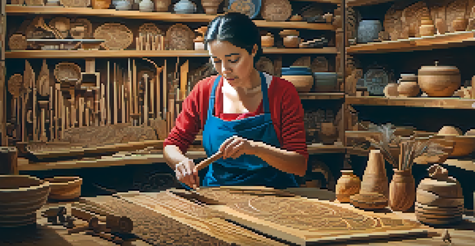 A female artisan carving patterns into wood, with tools around her and colorful carvings in the background.